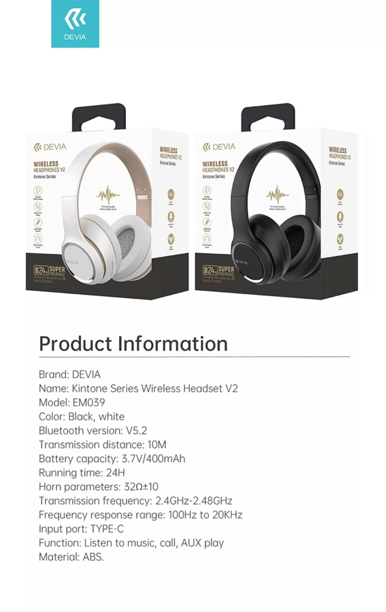 DEVIA - KINTONE FOLDABLE ON-EAR WIRELESS HD HEADPHONES - WHITE