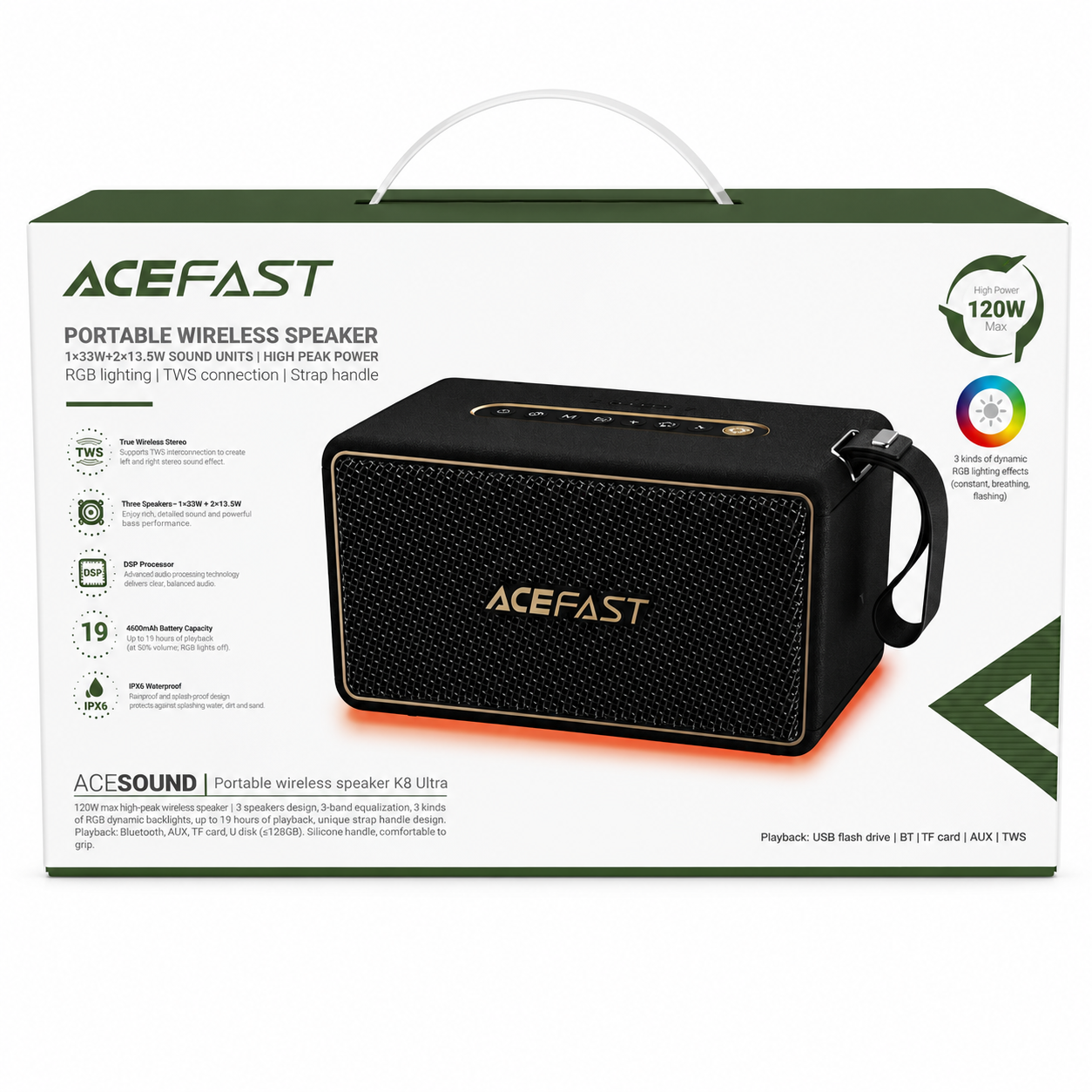 ACEFAST - 120W IPX6 TRUE WIRELESS STEREO PORTABLE BLUETOOTH SPEAKER - BLACK