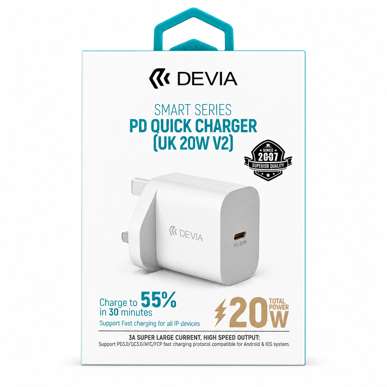 DEVIA - 20W USB-C POWER DELIVERY 3-PIN UK CHARGING PLUG - WHITE