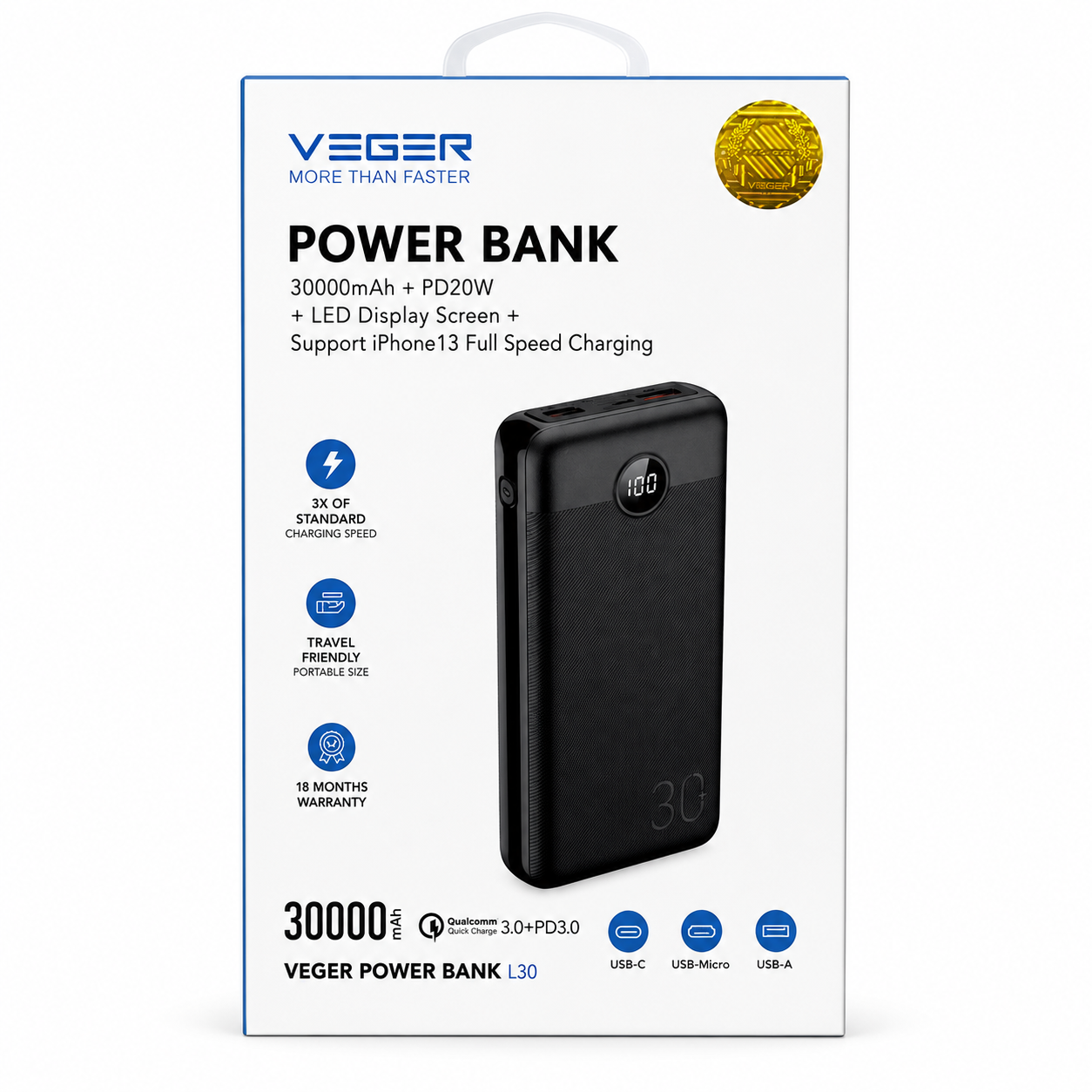 VEGER - L30 - 30,000MAH 20W PD DIGITAL DISPLAY POWERBANK - BLACK