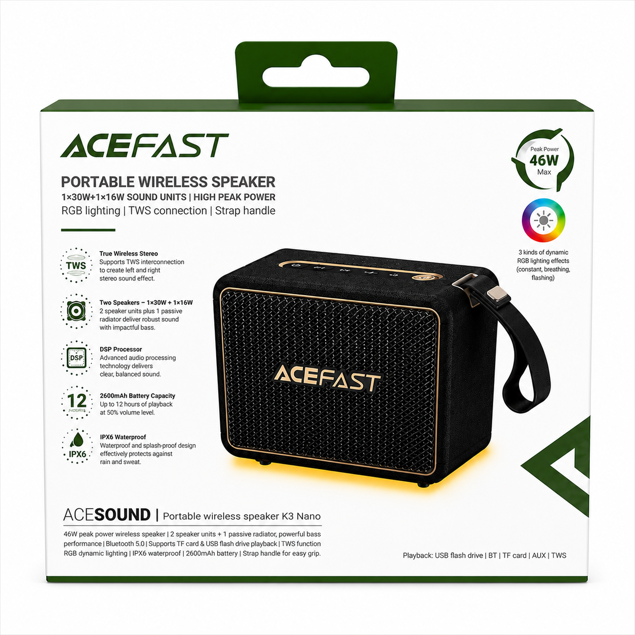 ACEFAST - 46W IPX6 TRUE WIRELESS STEREO PORTABLE BLUETOOTH SPEAKER - BLACK