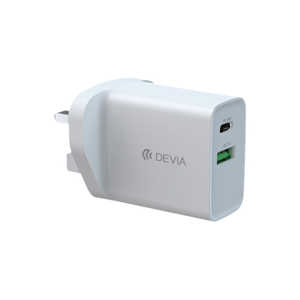 Devia - 20W Dual Type C Power Delivery & Qualcomm 3-Pin UK Charging Plug - White