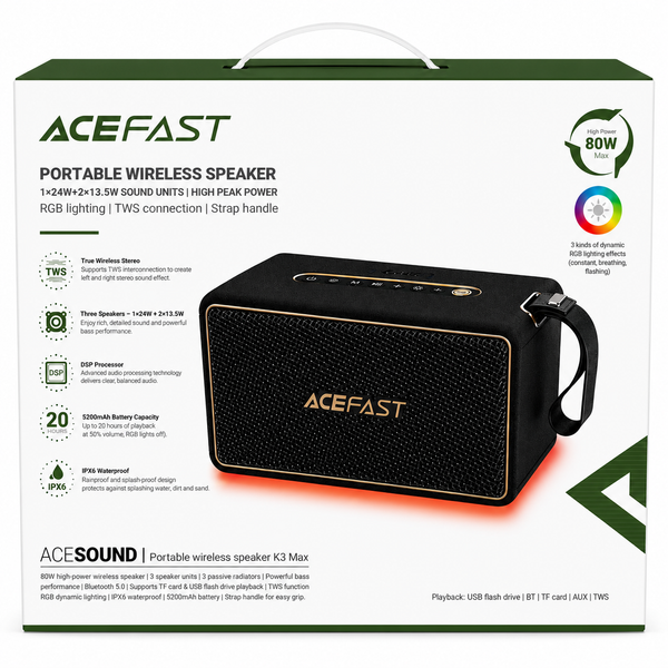 ACEFAST - 80W IPX6 TRUE WIRELESS STEREO PORTABLE BLUETOOTH SPEAKER - BLACK