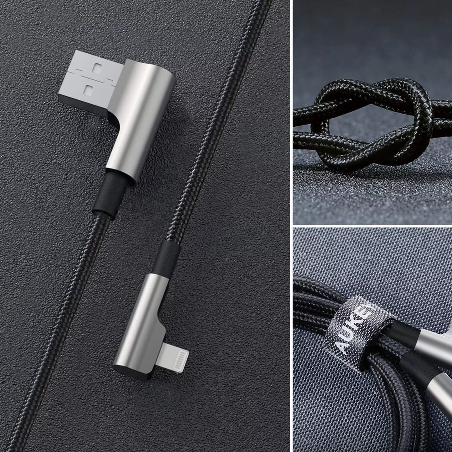 AUKEY - 1.2M (2.4A) USB TO MFI LIGHTNING 90 DEGREE BRAIDED GAMING CABLE - BLACK GREY