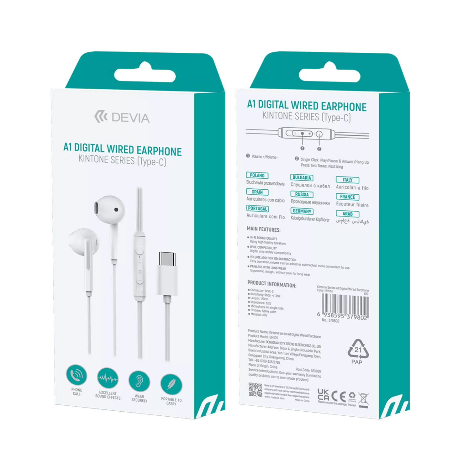DEVIA - USB-C EARPHONES WITH MICROPHONE & VOLUME CONTROL - WHITE