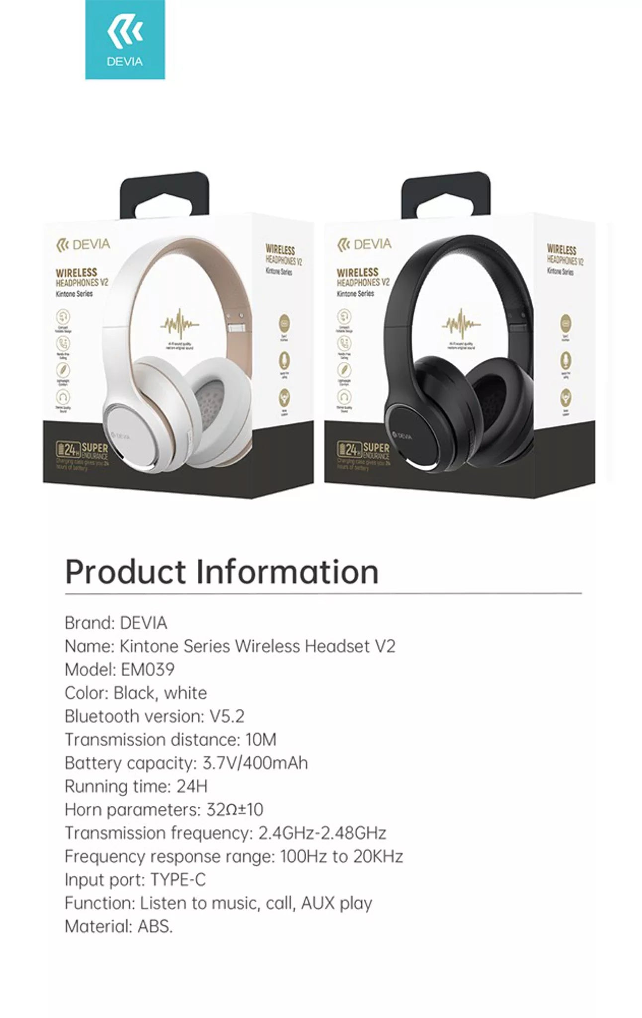 DEVIA - KINTONE FOLDABLE ON-EAR WIRELESS HD HEADPHONES - BLACK