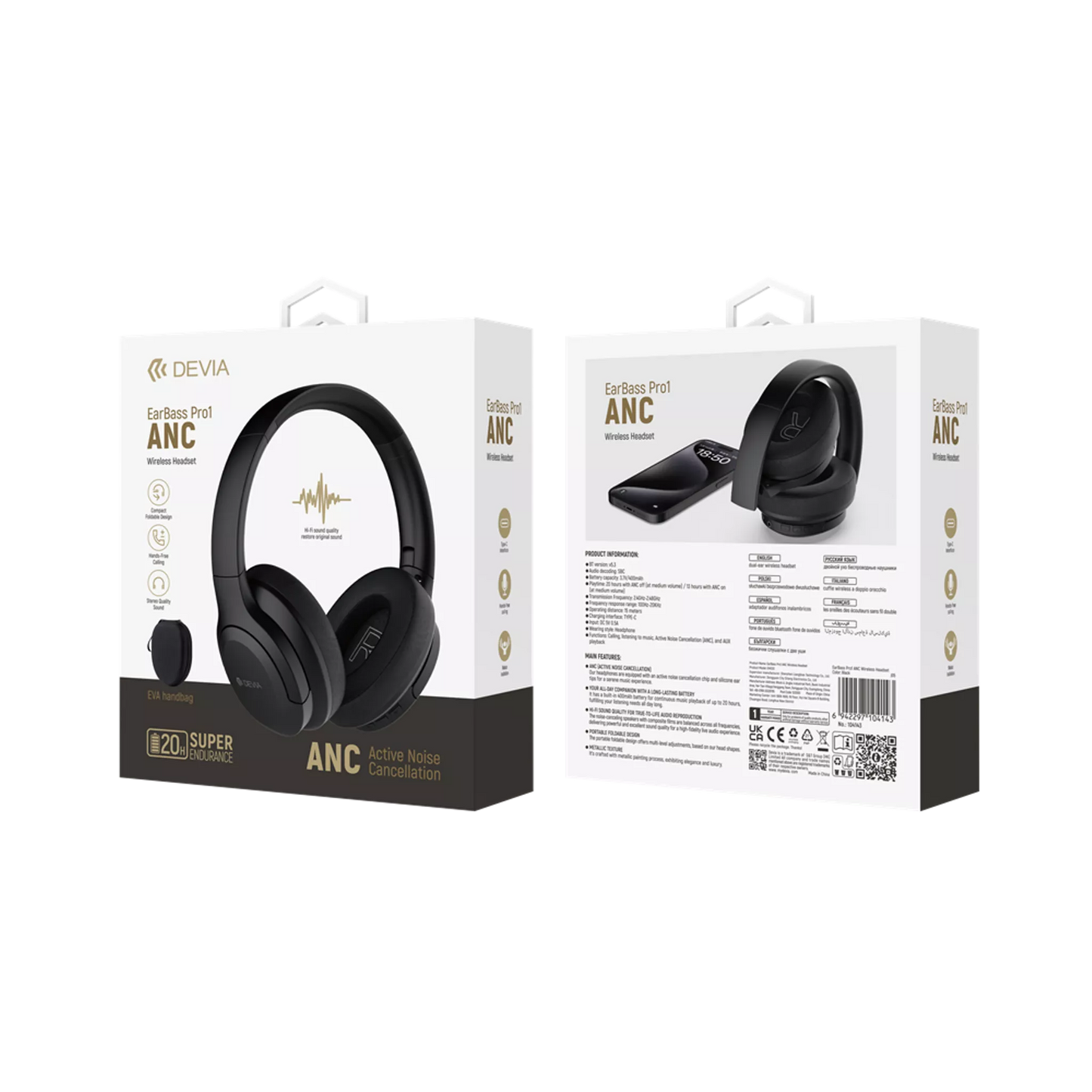 DEVIA - EARBASS PRO - ANC FOLDABLE ON-EAR WIRELESS HEADPHONES - BLACK