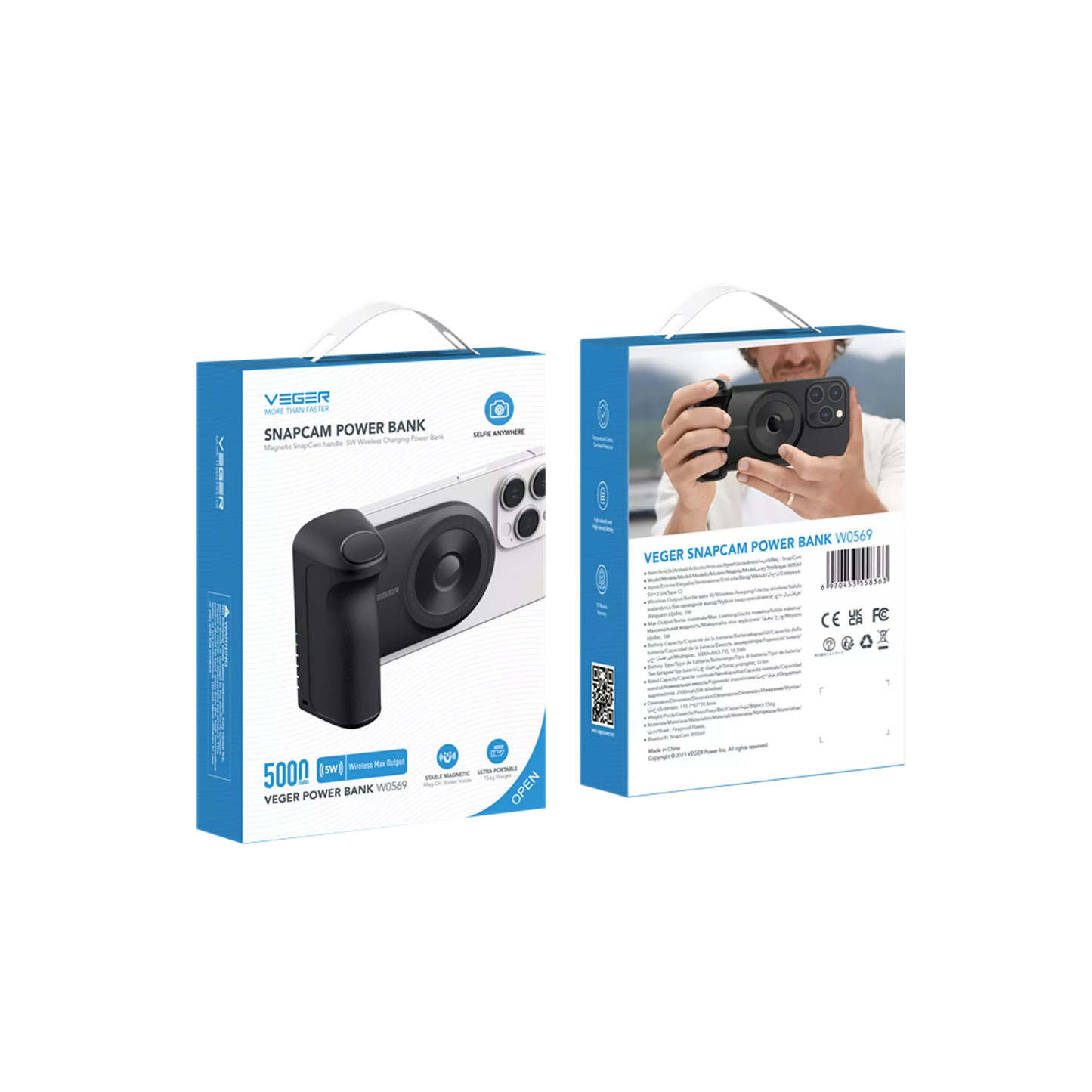 VEGER - SNAPCAM - 5,000MAH 5W BLUETOOTH SELFIE CONTROLLER, KICKSTAND & MAGSAFE POWERBANK - BLACK