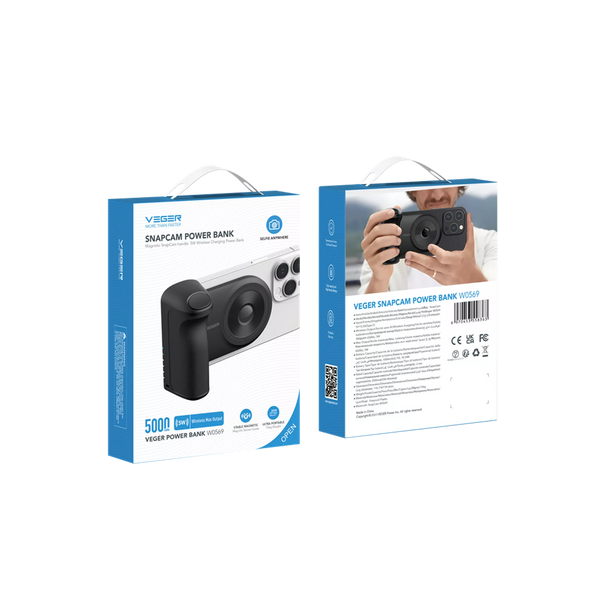 VEGER - SNAPCAM - 5,000MAH 5W BLUETOOTH SELFIE CONTROLLER, KICKSTAND & MAGSAFE POWERBANK - BLACK