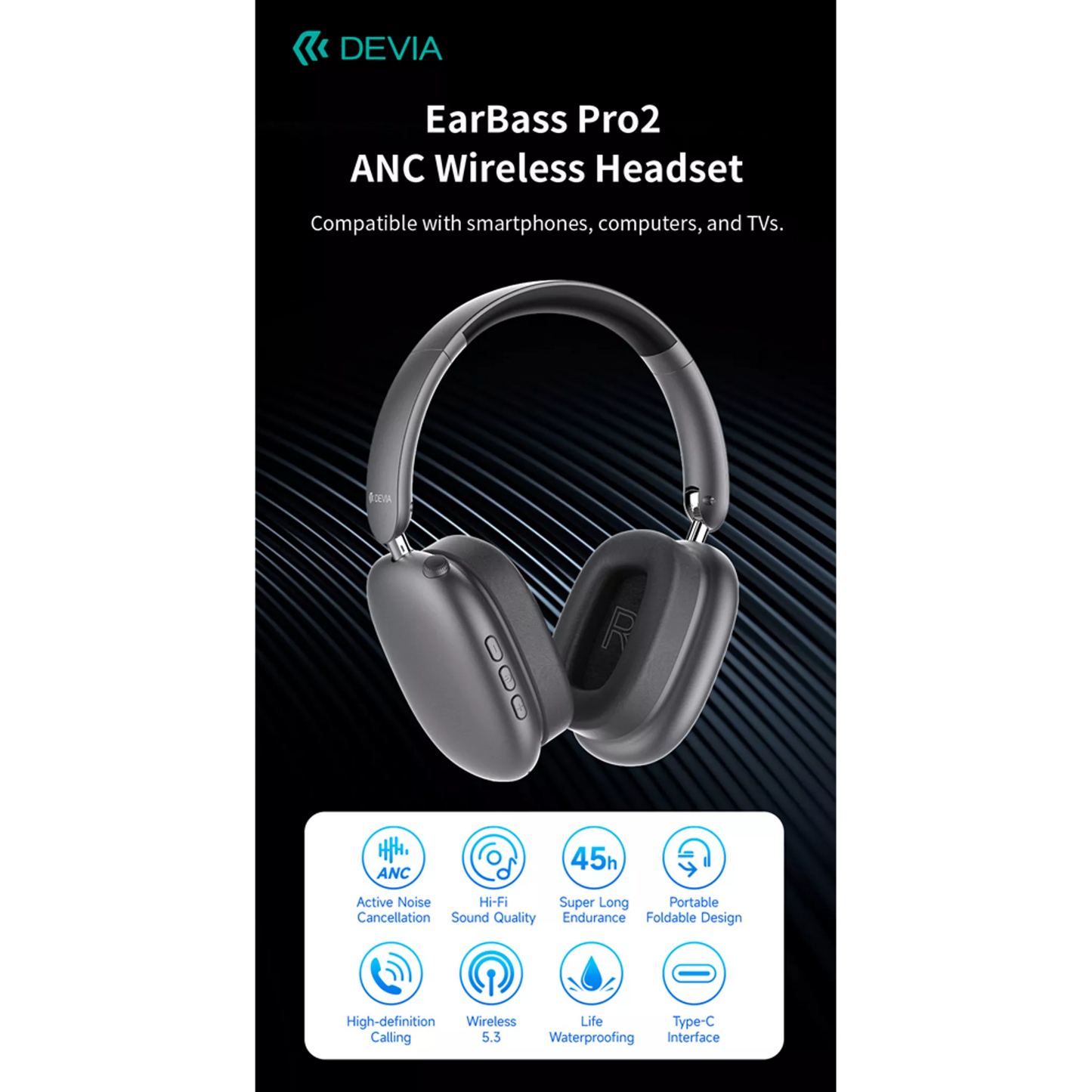 DEVIA - EARBASS PRO2 - ANC ON-EAR WIRELESS HEADPHONES - DARK GREY