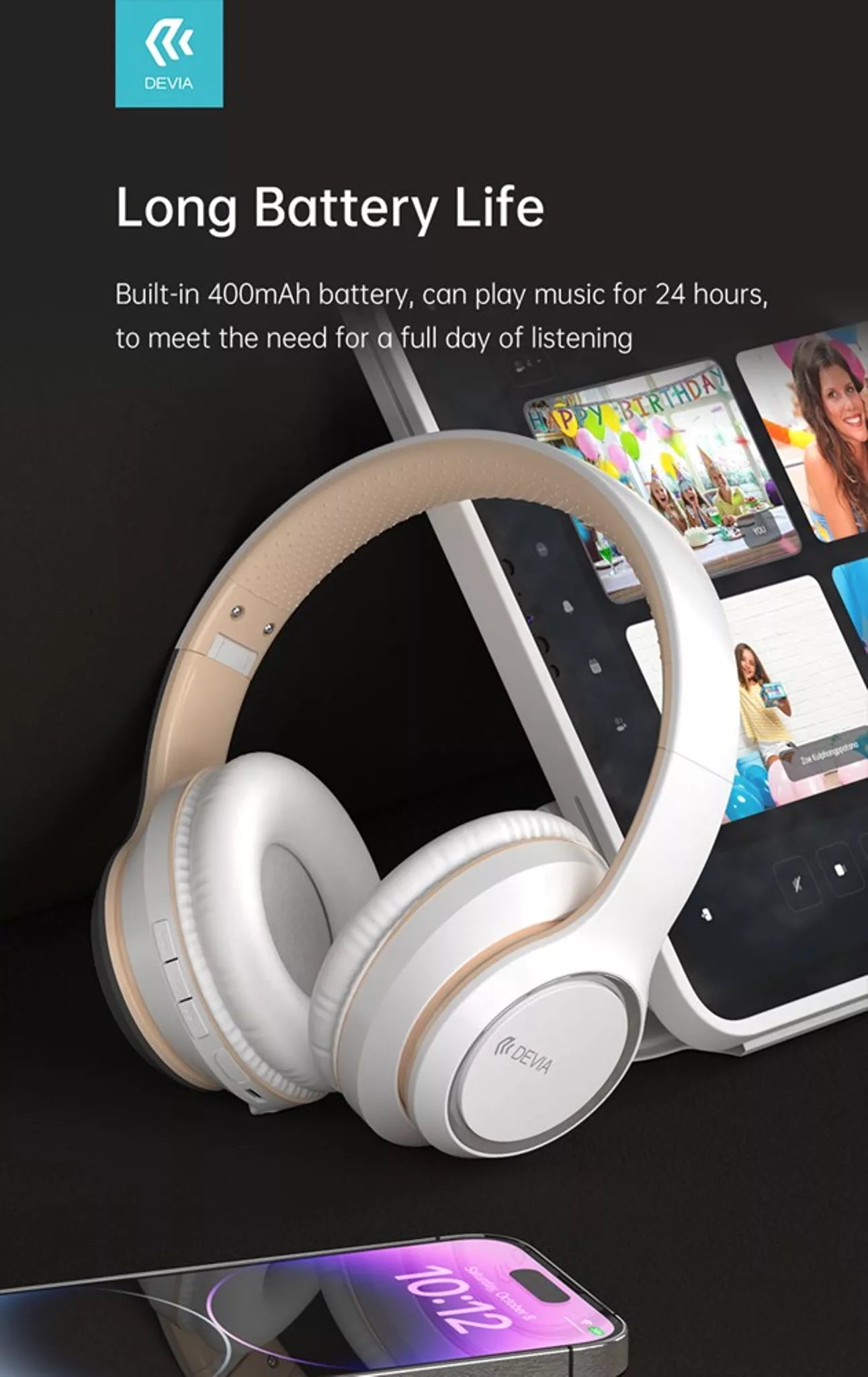 DEVIA - KINTONE FOLDABLE ON-EAR WIRELESS HD HEADPHONES - WHITE