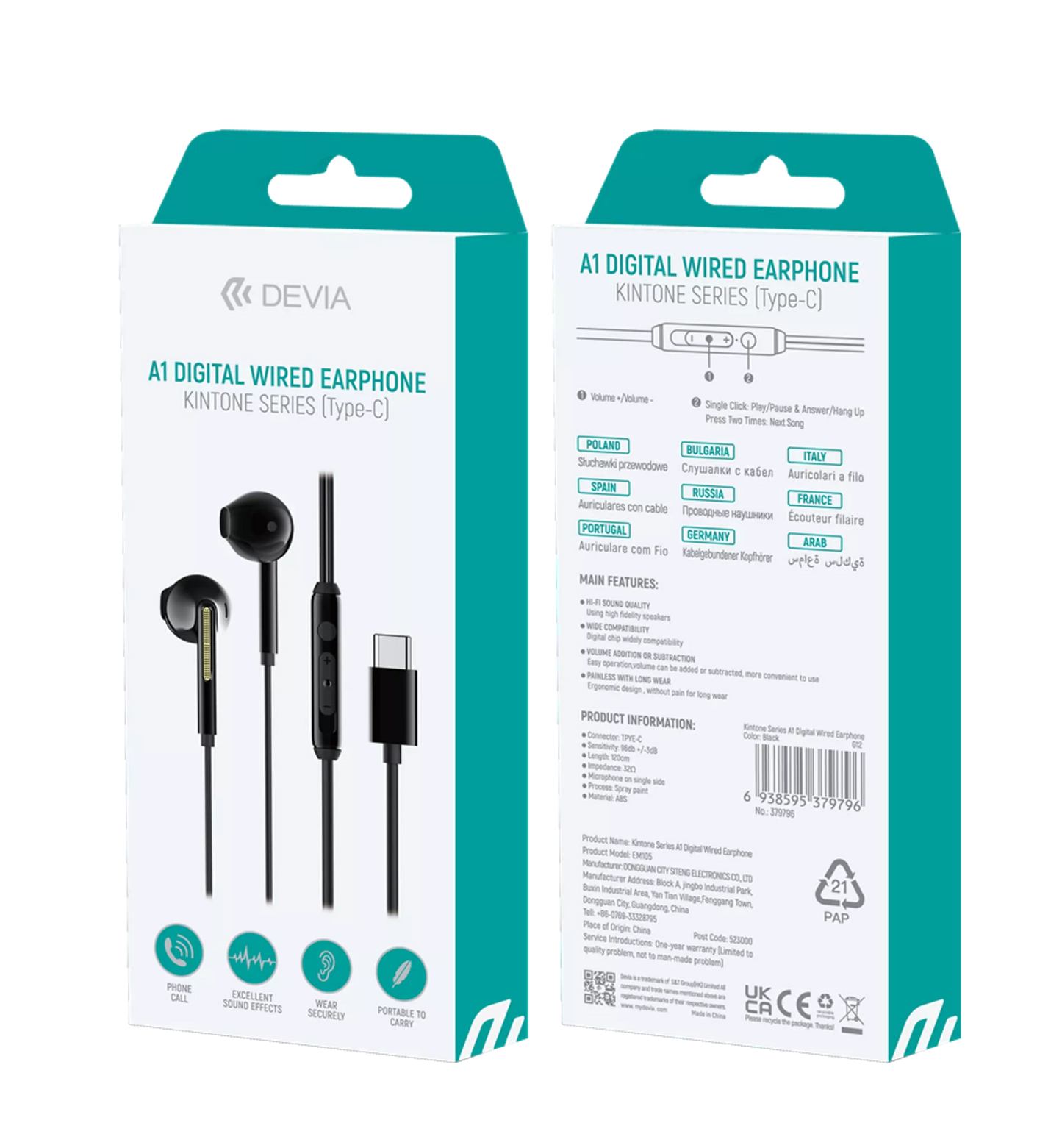 DEVIA - USB-C EARPHONES WITH MICROPHONE & VOLUME CONTROL - BLACK