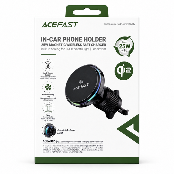 ACEFAST - 25W QI2 MAGSAFE MAGNETIC CHARGING CAR VENT HOLDER - BLACK