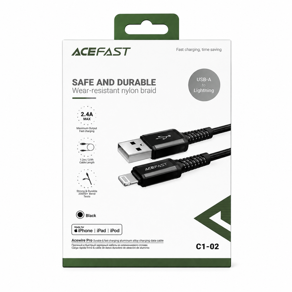 ACEFAST - 1.2M (2.4A) USB TO MFI LIGHTNING BRAIDED CABLE - BLACK