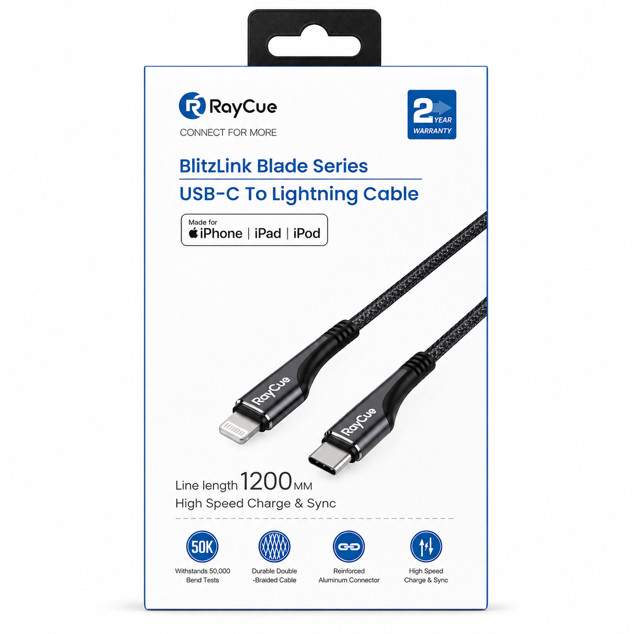 RAYCUE - 1.2M (27W) USB-C TO MFI LIGHTNING NYLON BRAIDED CABLE - BLACK