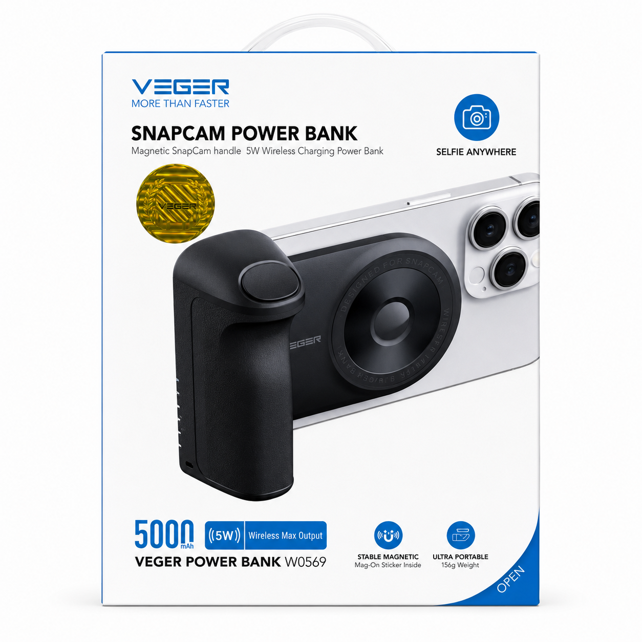 VEGER - SNAPCAM - 5,000MAH 5W BLUETOOTH SELFIE CONTROLLER, KICKSTAND & MAGSAFE POWERBANK - BLACK