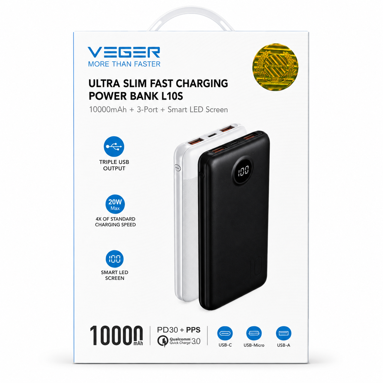 VEGER - L10S - 10,000MAH 20W POWER DELIVERY DUAL PORT DIGITAL DISPLAY POWERBANK - BLACK