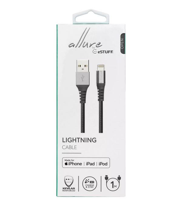 ESTUFF - 1M (2.4A) USB TO MFI LIGHTNING NYLON BRAIDED CABLE - GREY